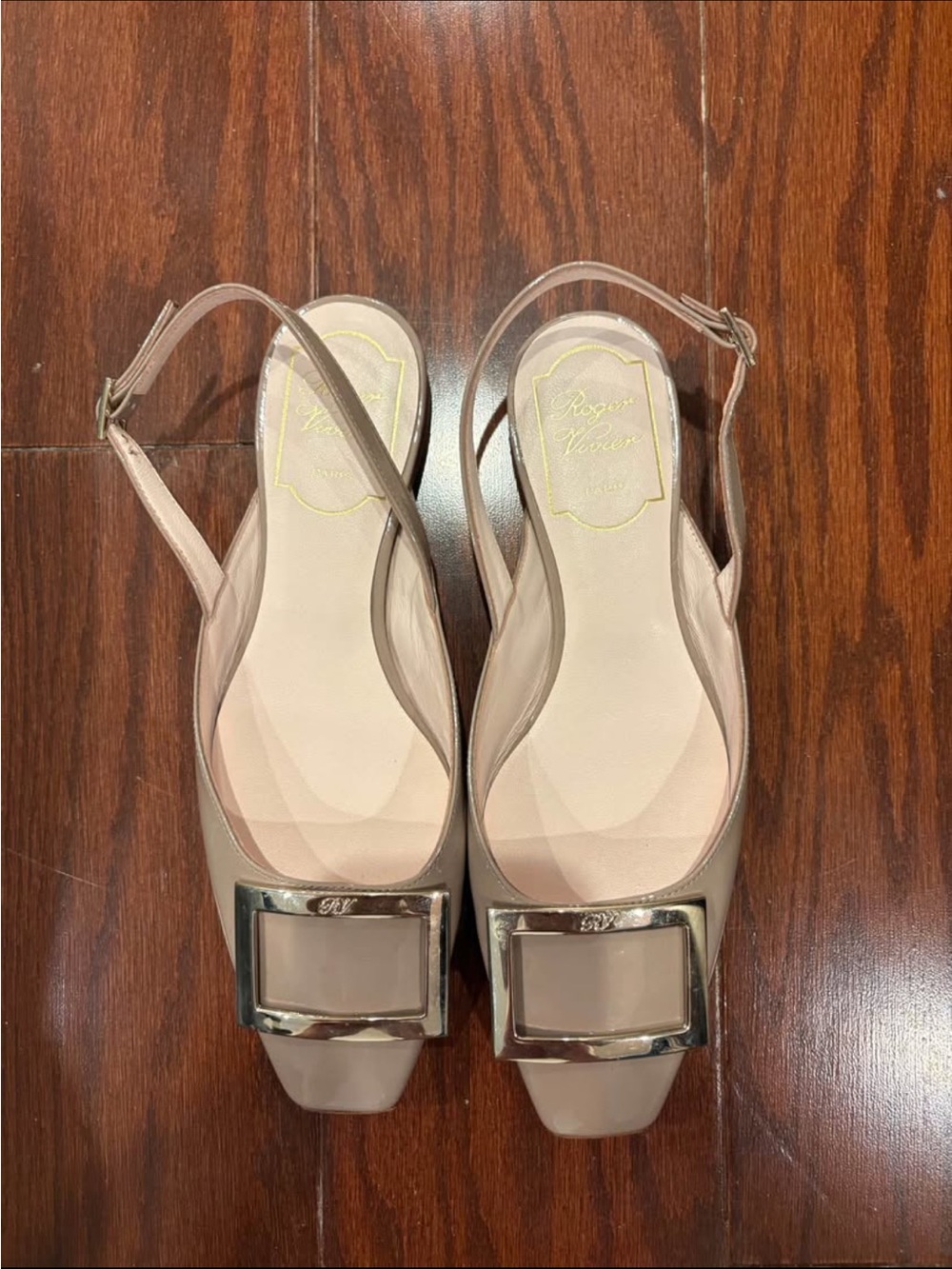 Roger Vivier Blush Patent Slingback Pumps with Silver Buckle